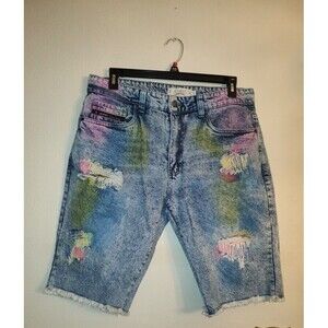 Men's Akademiks Jeanius Blue Denim Distressed Tye Dye Shorts Size 36